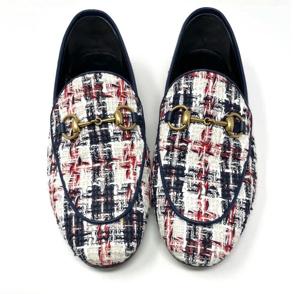 Gucci Jordaan Tweed Check Horsebit Flat Loafers Red White Blue Gold EU 37 - Picture 2 of 14